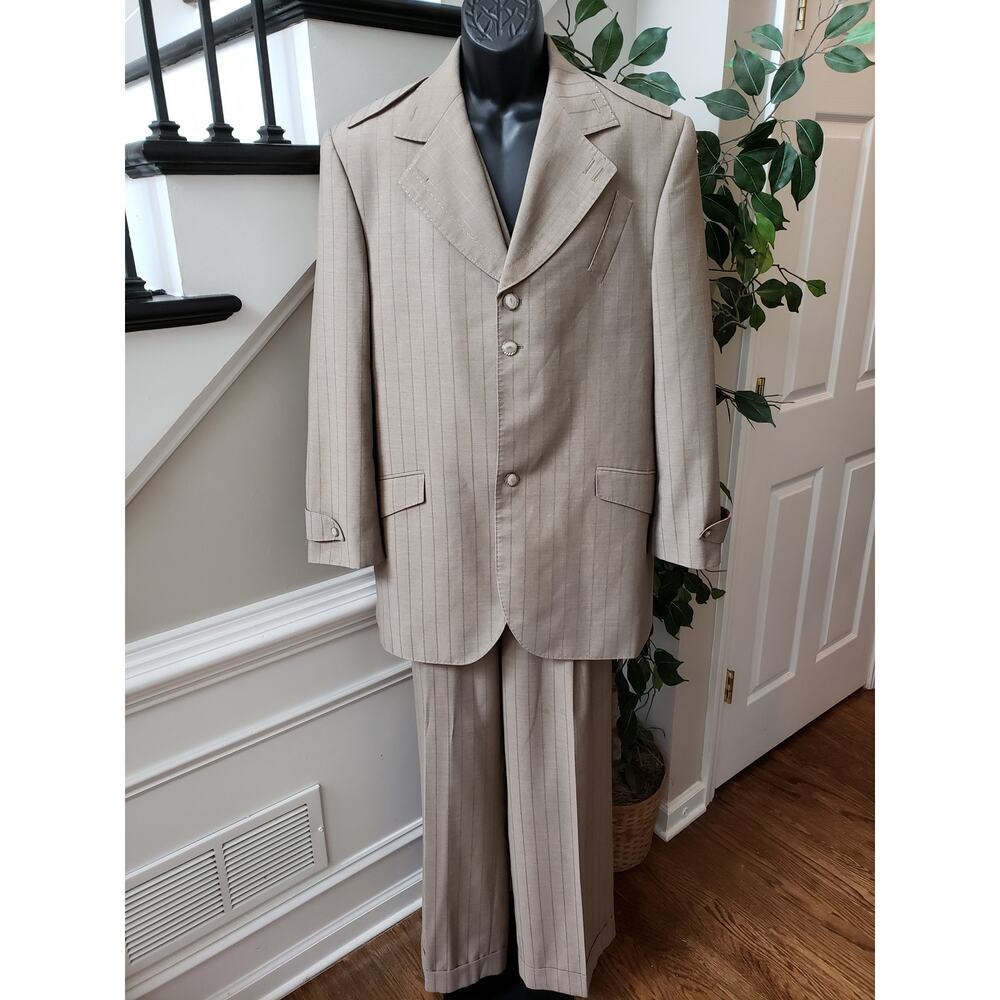 Valentino Ferrel Italy Suit Jacket Vest Pants Set Mens 44R Beige Classic Striped